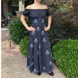 Madison Mathews Paloma Blue Floral Block Tiered Off Shoulder Maxi Dress XS